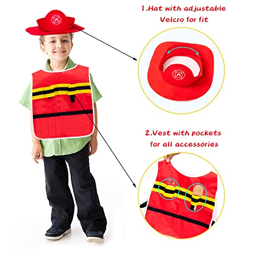 umu Firefighter Costume for Kids, 14 PCS Pretend Toy Wooden Fireman Role Play Firefighter Accessories with Fire Extinguisher and Hydrant, Fireman umu