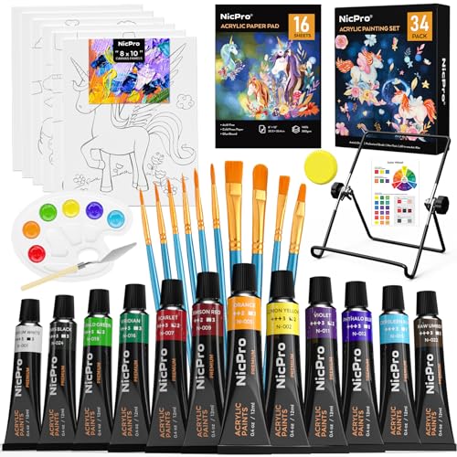 Nicpro 34PCS Kids Acrylic Paint Set with Pattern Canvas, Art Painting Supplies Kit with 12 Paints, 10 Brushes, 6 Canvas Panels, Table Easel, Paper Nicpro
