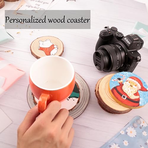 Unfinished Natural Wooden Slices 3.2-4 Inch Wood Circles for Crafts DIY Christmas Ornament Craft Wood Kit with Picture Hanging Strips,Blank Round KXEXK