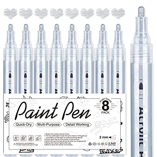 Silver Paint Pen Acrylic Markers: 8 Pack Acrylic Silver metallic Marker Pens for Art Project, Drawing, Rock Painting, Stone, Ceramic, Wood, Cards AKARUED