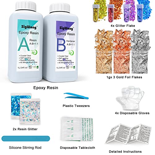 Epoxy Resin Clear Crystal Coating Kit 68oz/2L - 2 Part Casting Resin for Art, Craft, Countertop, Wood, Jewelry Making, River Tables, with Gloves, SigWong