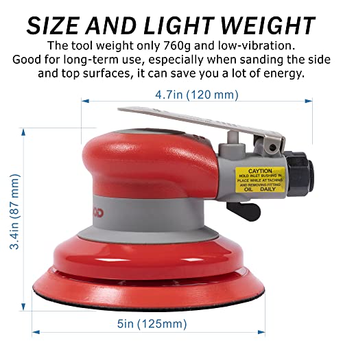 Pneumatic random orbital sander 5-inch light weight palm sander 3/16" (5 mm) diameter orbit 12000 RPM with extra 10pcs sandpaper UPWOOD