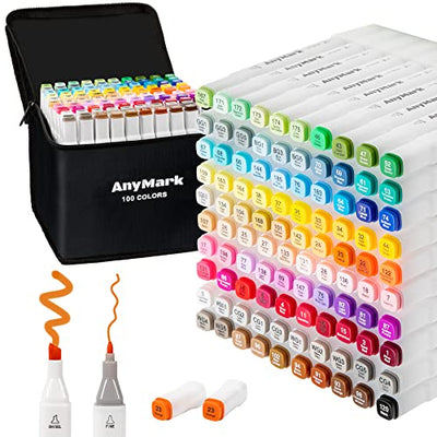 AnyMark Alcohol Markers, 100 Colors Alcohol Markers Set, Dual Tips Alcohol-Based Art Markers for Kids Adult Artists Drawing Coloring Sketch, Chisel &