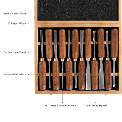 IMOTECHOM 12-Pieces Woodworking Wood Carving Tools Chisel Set with Wooden Box, Razor Sharp CR-V 60 Steel Blades IMOTECHOM