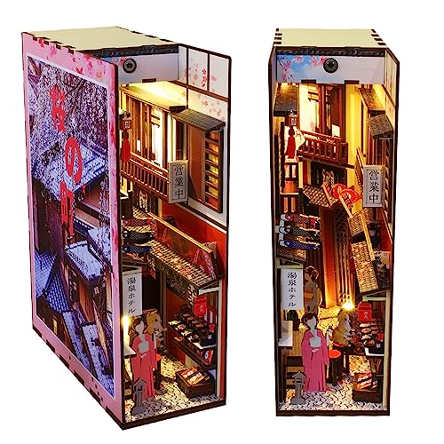 Hallisun DIY Book Nook Kit 3D Wooden Puzzle for Adults, Bookshelf Insert Decor Sakura Town with LED Light Music Box, Bookend Building Set Miniature Hallisun