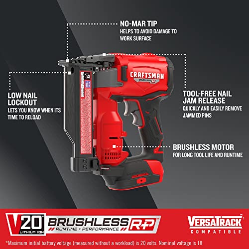 CRAFTSMAN V20 RP Pin Nailer, Nail Gun, 23GA, For 5/8-1-3/8 inch Pin Nails, Bare Tool Only (CMCN623B) Craftsman