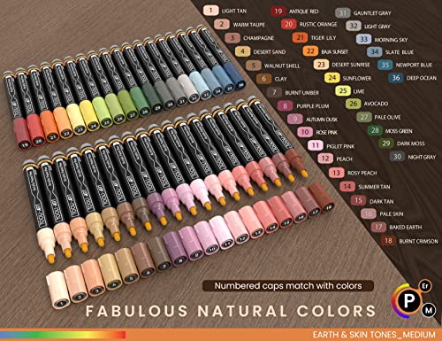 36 Acrylic Paint Pens Skin and Natural Earth Tone Marker Set For Rock Painting, Canvas, Mugs, Glass, Plastic, Wood, Metal, Fabric, Scrapbooking, Most TOOLI-ART