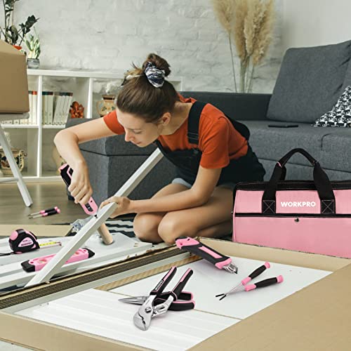 WORKPRO 53-Piece Pink Tool set with Electric Cordless Screwdriver, Basic Tool Kit Set for Women with 13'' Portable Tool Bag for DIY Home WORKPRO