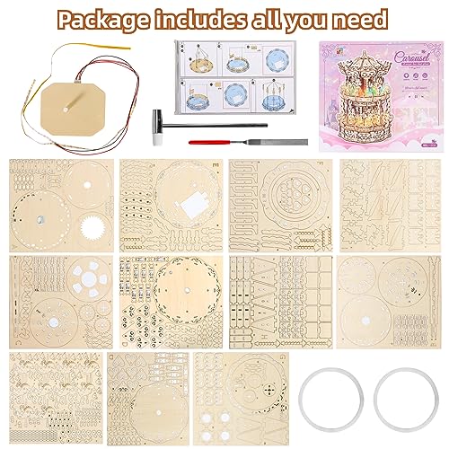 MIEBELY 3D Wooden Puzzles for Adults LED Carousel Music Box - DIY Crafts Model Building Kits for Teens Mechanical Model Stem Project Christmas Toy MIEBELY