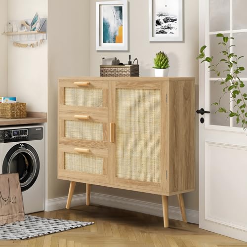 Iwell Rattan Storage Cabinet with 3 Drawers and Adjustable Shelf - Versatile Accent Piece for Home Interiors Iwell