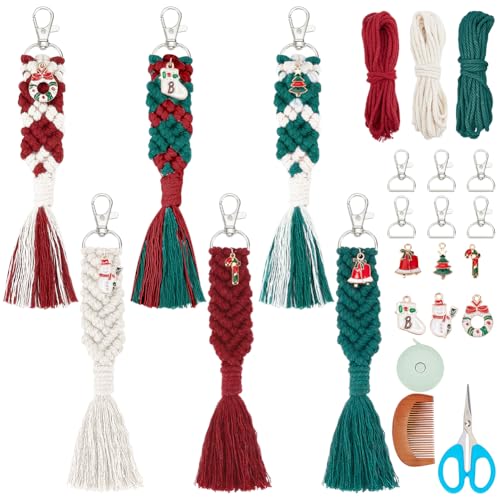 INFUNLY 6 Sets Christmas Macrame Keychain Kit for Adults DIY Macrame Wristlet Kits Macrame Keychain with Tassels DIY Christmas Gift for Family with INFUNLY