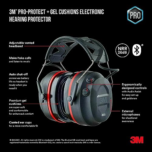 3M Pro-Protect + Gel Cushions Electronic Hearing Protector with Bluetooth Wireless Technology, NRR 26 dB, Black, Medium 3M
