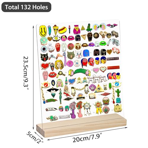 JUXYES Pack of 2 Clear Acrylic Enamel Pin Display Stand with Wooden Base, Tabletop Pin Organizer Display Storage Stand, Enamel Pin Display Holder for JUXYES