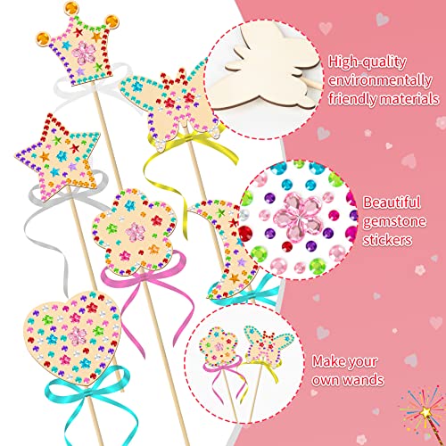 OPUHOHR 18 Sets Wood Fairy Wands Craft Project Kits, Princess Fairy Wands Kit with Gem Stickers, Ribbons Unfinished Wooden DIY Magical Wand, DIY OPUHOHR