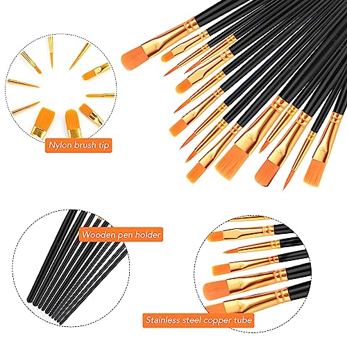 AROIC Acrylic Paint Brush Set, 2 Packs / 20 pcs Nylon Hair Brushes for All Purpose Oil Watercolor Painting Artist Professional Kits (Black) AROIC