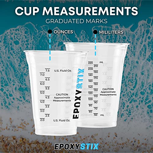 EpoxyStix Disposable Measuring Cups Combo Pack for Mixing Epoxy Resin - Pack of 25 Clear 10 Oz Cups and 100 1 Oz Medicine Cups - Includes 50 Mixing EpoxyStix