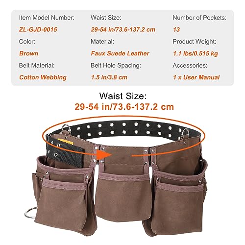 VEVOR 13 Pockets Tool Belt, Adjusts from 29 Inches to 54 Inches, Leather Heavy Duty Tool Pouch Bag with Dual Hammer Loops, Tool Bag for Electrician, VEVOR