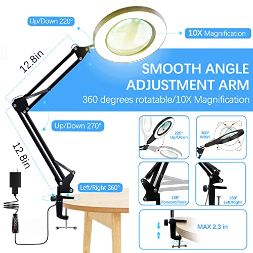 10X Magnifying Glass Lamp, Adjustable Swing Arm 72 LEDs Real Glass Lens Magnifier Light,3 Color Modes 10 Stepless Dimmable,Perfect for Daily Baoomalongly