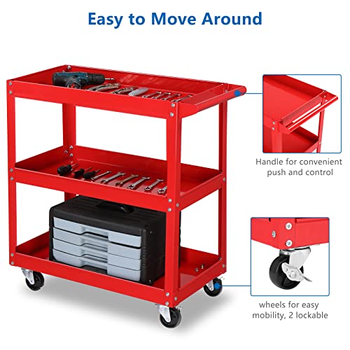 TUFFIOM 3 Tier Rolling Tool Cart, 330 Lbs Capacity, Red, 3 Shelves Steel Utility Cart for Garage, Workshop, Warehouse & Repair Shop TUFFIOM