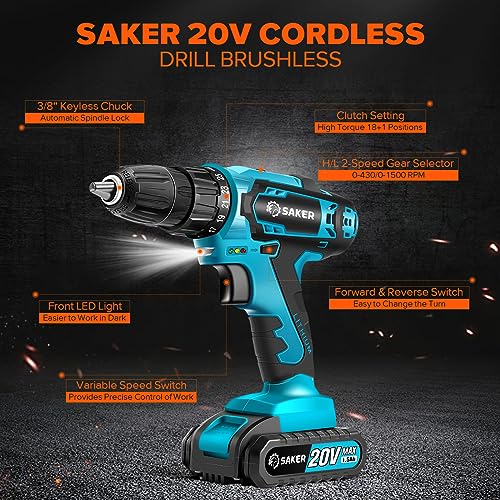 Saker Cordless Drill Set, 20V Electric Drill with Drill/Screwdriver Bits, 3/8-Inch Keyless Chuck, 2 Variable Speeds, 18+1 Torque Setting Battery Saker