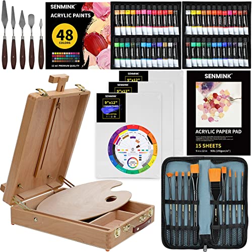 69 Pcs Artists Painting Set with Wood Box Easel,48×12ML Acrylic Painting Set, Canvas 9x12 inches, Wood Palette, Palette Knife Art Supplies, Paint Set Senmink