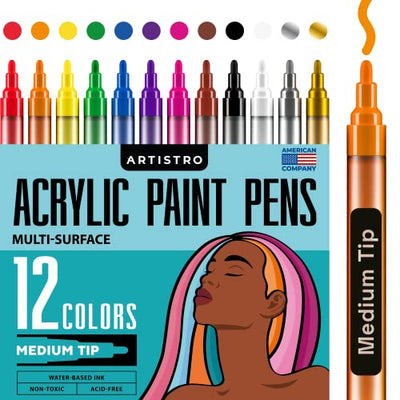 ARTISTRO 12 Acrylic Paint Pens for Fabric, Canvas, Rock, Glass, Wood - 3mm Medium Tip Paint Markers-Ideal Art Supplies for Adults and Kids