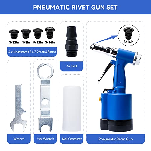 INPANOLS Pneumatic Pop Rivet Gun Hydraulic Air Rivet Tool Kit with 3/32-inch 1/8-inch 5/32-inch 3/16-inch Nosepieces INPANOLS