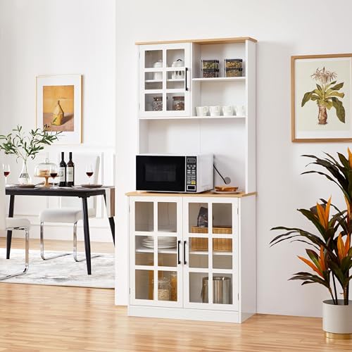 Yaheetech Kitchen Pantry Storage Cabinet with Hutch, 72'' Freestanding Buffet Cupboard with Large Countertop & Glass Doors & Adjustable Shelves, Yaheetech