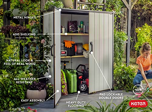 Keter Premier Tall 4.6 x 5.6 ft. Resin Outdoor Storage Shed with Shelving Brackets for Patio Furniture, Pool Accessories, and Bikes, Grey & Black Keter