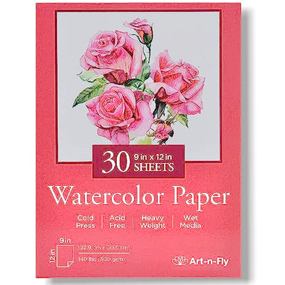 Art-N-Fly Watercolor Paper Pad 9x12" 30 Sheets - Cold Press Water Color Sketchbook Pad 140 lb for Art Painting, Drawing, Wet & Mixed Media - Water