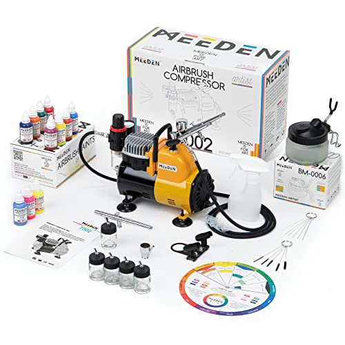 MEEDEN Airbrush Kit with Compressor, Professional and Quiet Airbrush System with 3 Dual-Action Airbrushes, 24 Colors Airbrush Paint, Hose, Holder, MEEDEN