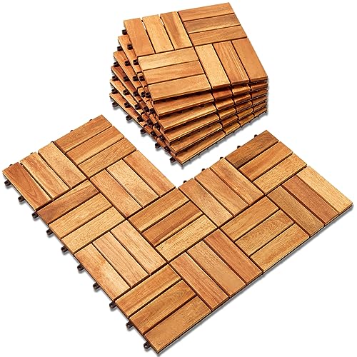 Acacia Deck Tiles (Pack of 10) Hardwood Interlocking Patio Deck Tiles, Acacia Wood Deck Tiles Interlocking Outdoor, Patio Tiles Outdoor Interlocking RAKYTO