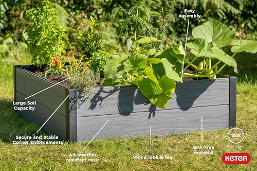 Keter 48" X 48" inches Wood Look Raised Garden Bed, Durable Outdoor Planter for Vegetables, Flowers, Herbs, and Succulents, Grey Keter