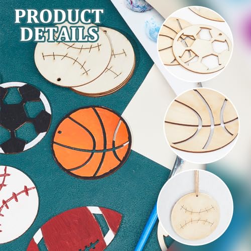NBEADS 40 Pcs Sport Ball Theme Unfinished Wood Cutout, Unfinished Wood Pieces Wood Craft Blanks Laser Cut Wood Charms for DIY Crafts Decoration NBEADS