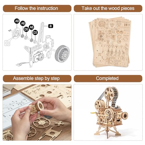Rowood 3D Puzzle for Adults, DIY Wooden Model Kit for Adults to Build, Handheld Film Mechanical Gear Building Set, Birthday Vitascope Projector Rowood