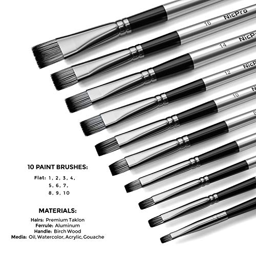 Nicpro 10 PCS Flat Paint Brush Set Art Painting Brushes for Acrylic Watercolor Oil Gouache, Craft Detail Face Body Painting Artist Kit for Kid & Nicpro