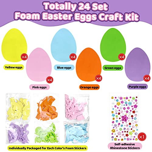 Hifunwu 24 Pcs Foam Easter Eggs for Crafts Easter Foam Crafts Stickers Set with Rhinestones Easter Crafts for Kids Party Favors Supplies Hifunwu