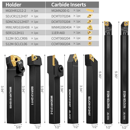 Metal Lathe Cutting Tools - 7PCS 1/2" Turning Holder Boring Bars with 7pcs Indexable Carbide Inserts CCMT060204 DCMT070204 11IR 16ER MGMN200-G IWONGO