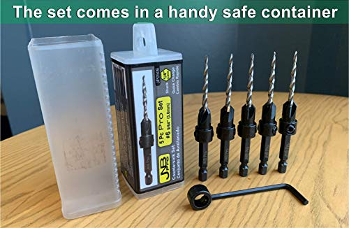 JNB Pro Wood Countersink Drill Bit Set JP0506, 5 Pc #6(9/64"), 2 Extra Bits 9/64 Tapered Drill Bit, 1 Adjustable Collar, 1 Wrench - 1/4" Quick Change - WoodArtSupply