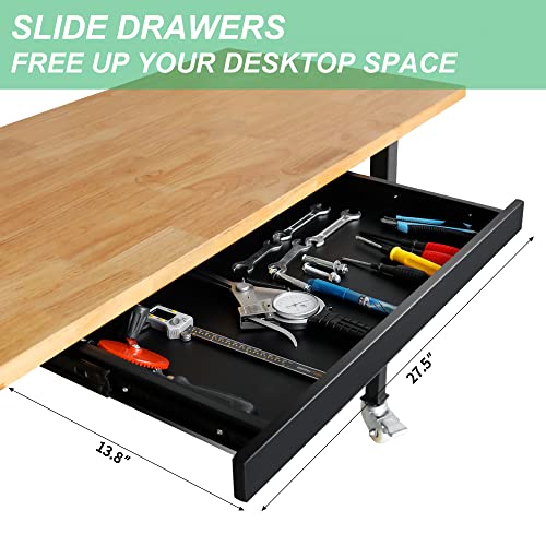 59" Bamboo Wood Garage Workbench w/Power Outlets & Drawer,Adjustable Height 25.4"-35.2",Multifunctional Workstation on Wheels 2000 Lbs Commercial RELIANCER