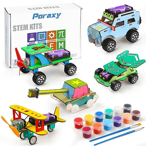 STEM Kits for Kids Age 8-10, 5 Set STEM Projects, Wooden Model Car Kits, Gifts for Boys 8-12, 3D Puzzles, Science Educational Crafts Building Kit, Poraxy