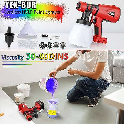YEX-BUR Cordless Paint Sprayer for Milwaukee m18 18V Battery Handheld HVLP Spray Gun Easy to Spray for Furniture Fence Cars Walls DIY Works House YEX-BUR