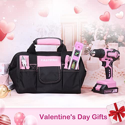 FASTPRO 232-Piece 20V Pink Cordless Lithium-ion Drill Driver and Home Tool Set, Lady's Repairing Kit with 12-Inch Wide Mouth Open Storage Bag FASTPRO