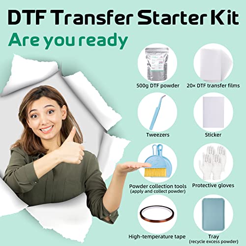 GO2CRAFT DTF Transfer Flim Powder Kit, 20Pcs DTF Film for DTF Sublimation Printer,17.6oz/500g White Digital Hot Melt Adhesive DTF Powder,Washable & GO2CRAFT