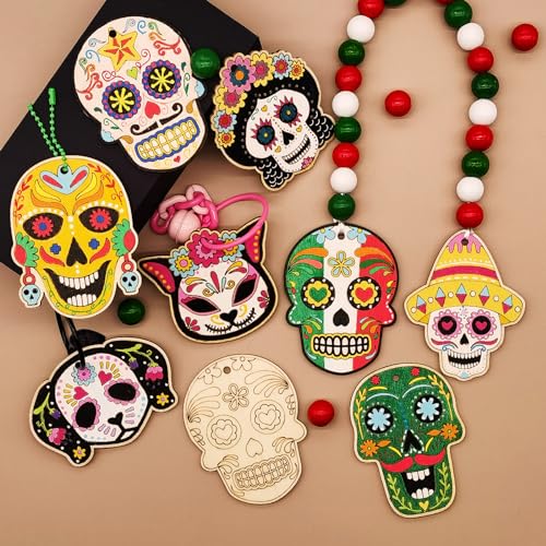 48 Sets Day of The Dead Skull Crafts Kits Unfinished Wooden Sugar Skull Ornaments Make Your Own Mexican Fiesta Festival Decor Halloween Blank DIY Generic