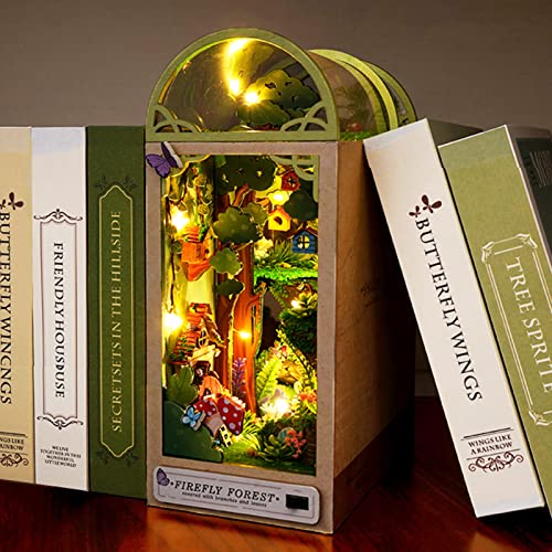 Spilay DIY Dollhouse Miniature Book Nook Assemble Kit,3D Wooden Puzzle Bookshelf Insert Decor with Light,Bookends Model Build-Creativity Kit for Spilay