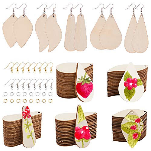 SUNNYCLUE 300Pcs 5 Shapes Unfinished Wooden Earrings Blanks Kit Unfinished Wood Large Charms Pendants Blank with Hole with 100Pcs Earring Hooks SUNNYCLUE