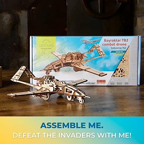 UGEARS Bayraktar TB2 Combat Drone - Powerful Wooden Airplane Drone Model Kit with Movable Rudders, Wing Ailerons, Moving Camera and Missiles Under UGEARS