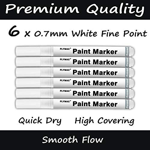 FLYMAX White Paint Pen, 6 Pack 0.7mm Acrylic White Permanent Marker White Paint Pens for Wood Rock Plastic Leather Glass Stone Metal Canvas Ceramic FLYMAX