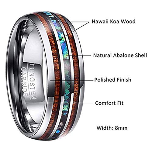 Vakki Abalone Shell Tungsten Rings for Men Women 8mm Hawaiian Wood Wedding Bands Size 14 Vakki
